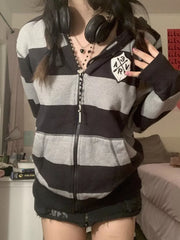 Striped Zip-up Hoodie in Black, front view