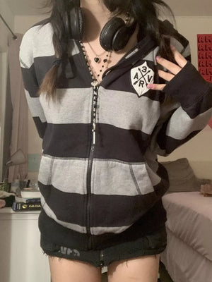 Striped Zip-up Hoodie in Black, front view