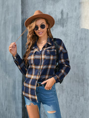 Dark blue plaid button-up shirt with two chest pockets.