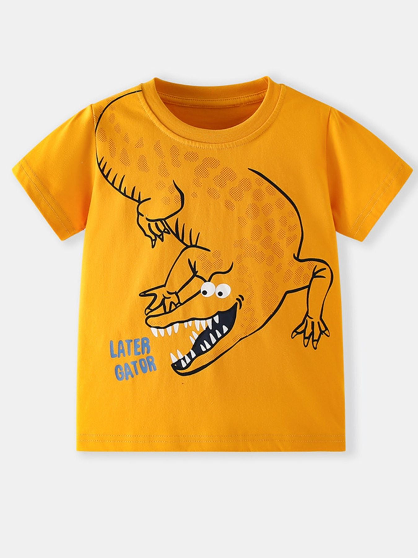 Toddler yellow t-shirt with a playful alligator graphic and blue text that says Later Gator.