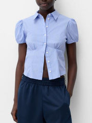 Light blue pinstripe puff sleeve button-up shirt with a fitted waist