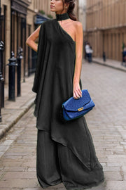 Black asymmetric drape top and wide-leg pants set with choker neckline