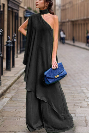 Black asymmetric drape top and wide-leg pants set with choker neckline