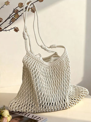 Woven Net Shoulder Bag in White, back view