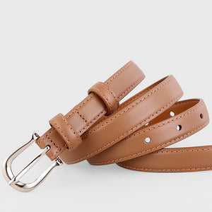 Brown leather skinny belt with silver buckle and adjustable holes