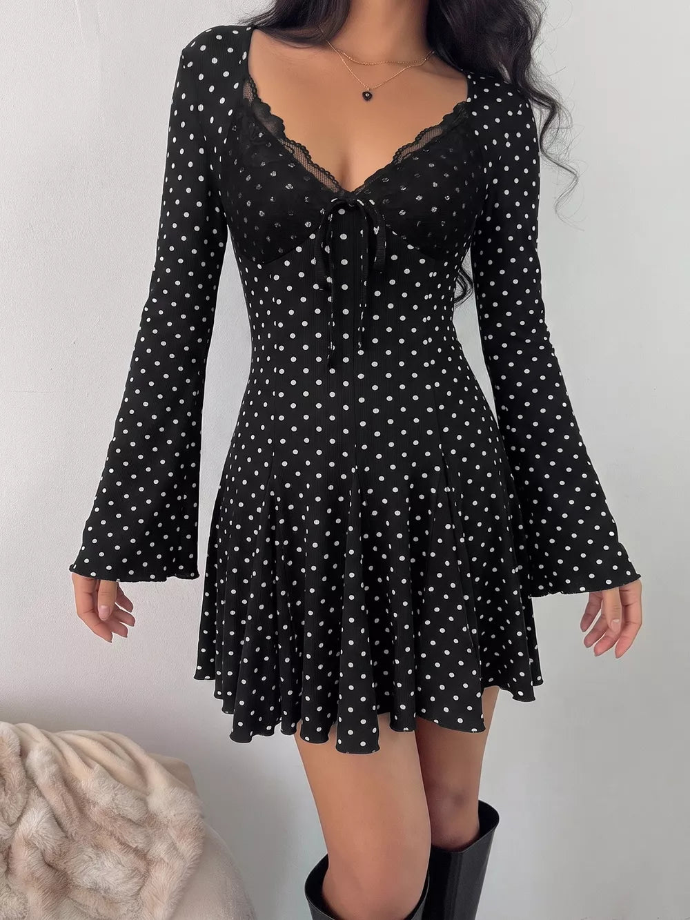 Polka Dot Lace Trimmed V-neck Mini Dress, close-up detail