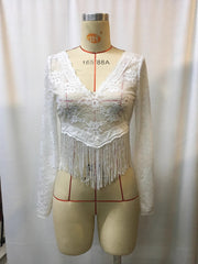 White lace long sleeve top with V-neck and fringe hem