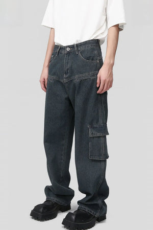 Dark wash denim cargo pants with multiple pockets and a relaxed fit.