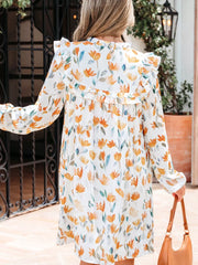Bohemian Floral Print Ruffle Mini Dress in Sherbet, back view