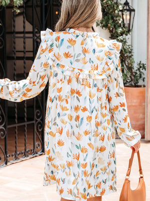 Bohemian Floral Print Ruffle Mini Dress in Sherbet, back view