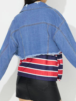 Medium wash denim trucker jacket with raw hem and collar.