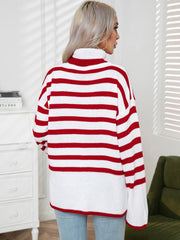 Flared sleeve striped turtleneck knit sweater in red and white acrylic.