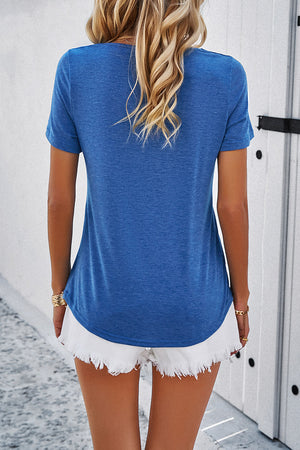 Blue V-neck t-shirt with short sleeves and a curved hem.