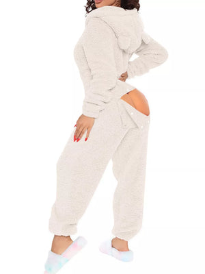 Cozy fleece hooded romper in Ivory White with buttoned open back detail.