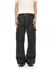 Dark wash cotton blend carpenter jeans with contrast stitching and distinctive pockets.