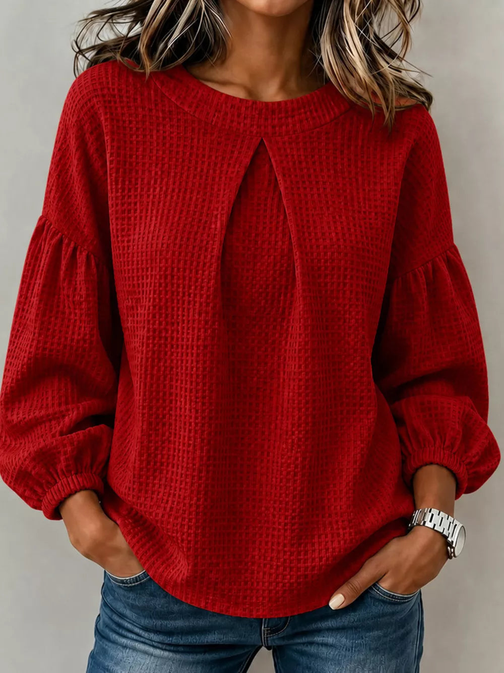 Waffle Knit Round Neck Top in Burgundy, view 11