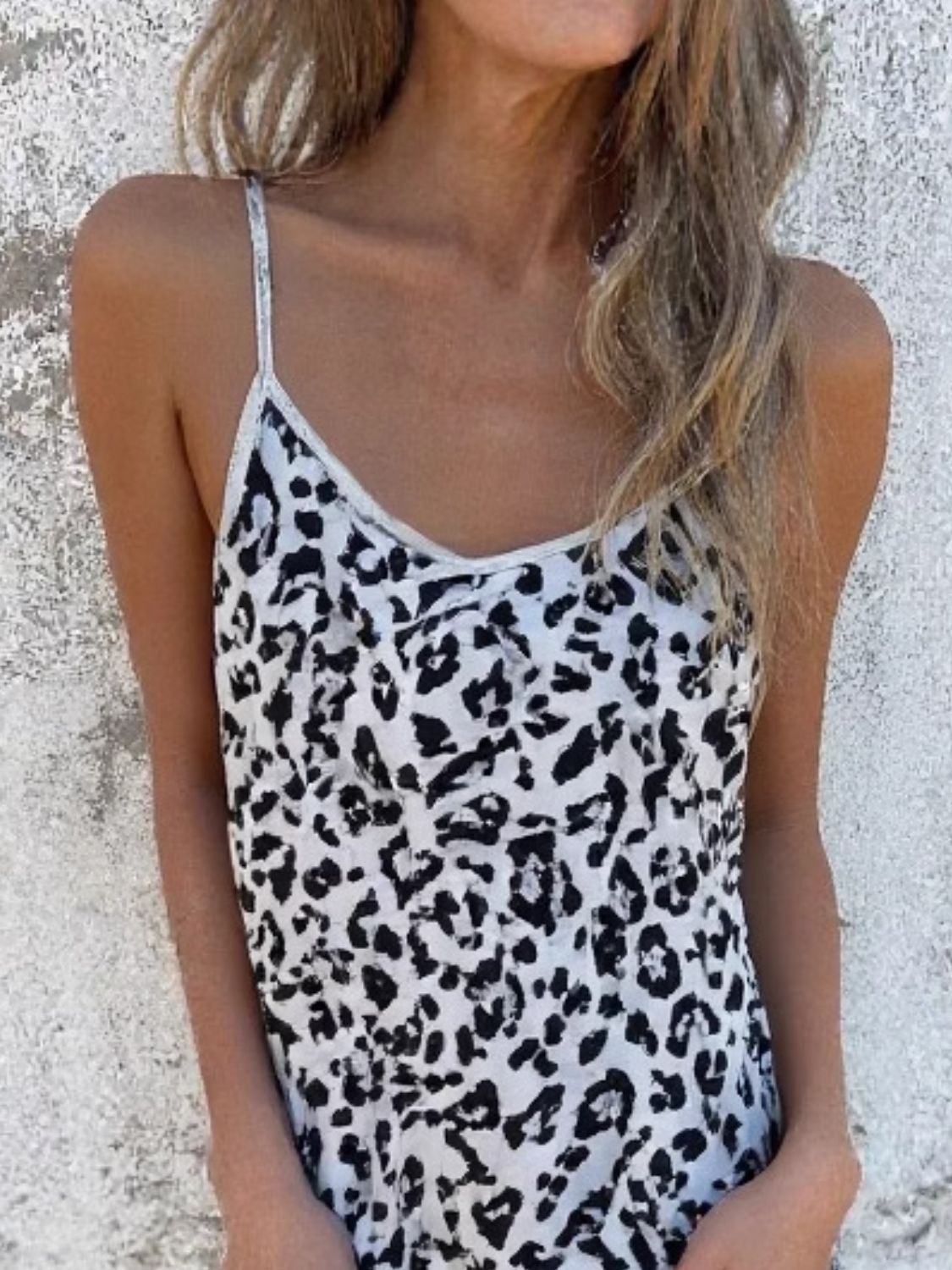 White leopard print cami jumpsuit with spaghetti straps