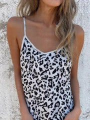 White leopard print cami jumpsuit with spaghetti straps