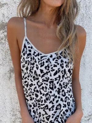 White leopard print cami jumpsuit with spaghetti straps