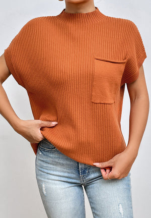 Caramel ribbed knit mock neck top with short sleeves and a chest pocket.