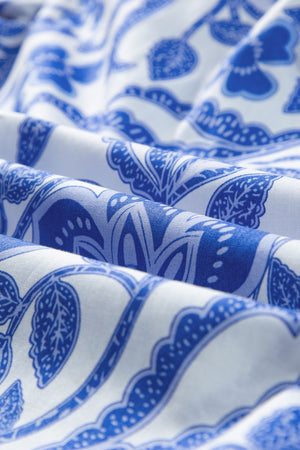Blue floral print blouse with ruffled sleeves, close-up fabric detail