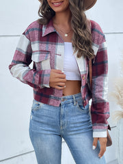 Checked plaid shacket with patch pockets in deep purple and white, buttoned front, collared neckline.