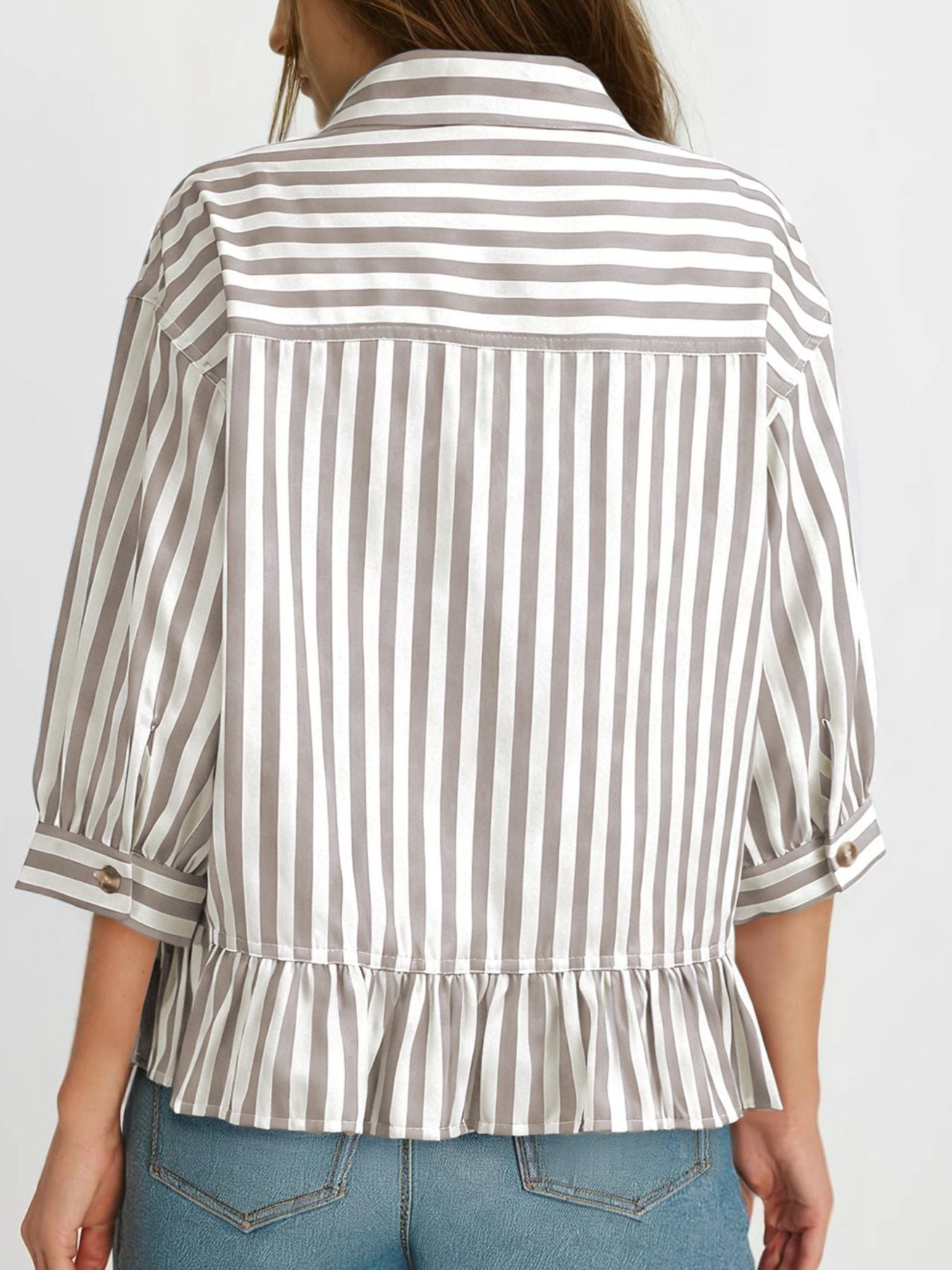 Button-down shirt with ruffle hem in khaki and white stripes, 3/4 sleeves, casual women's top.