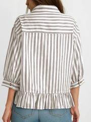Button-down shirt with ruffle hem in khaki and white stripes, 3/4 sleeves, casual women's top.