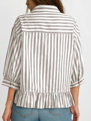 Button-down shirt with ruffle hem in khaki and white stripes, 3/4 sleeves, casual women's top.