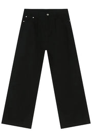 Black denim wide-leg trousers with pleats and silver button details.