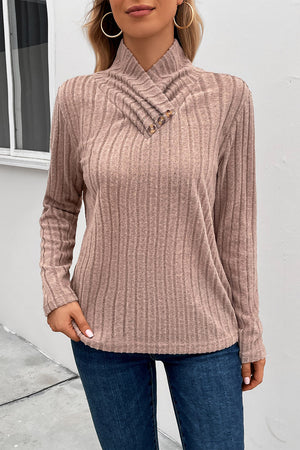 Mocha ribbed knit top with pleated neckline and button detail