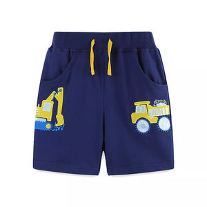 Navy blue cotton shorts with yellow excavator and dump truck embroidery, drawstring waist.