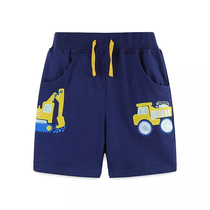 Navy blue cotton shorts with yellow excavator and dump truck embroidery, drawstring waist.