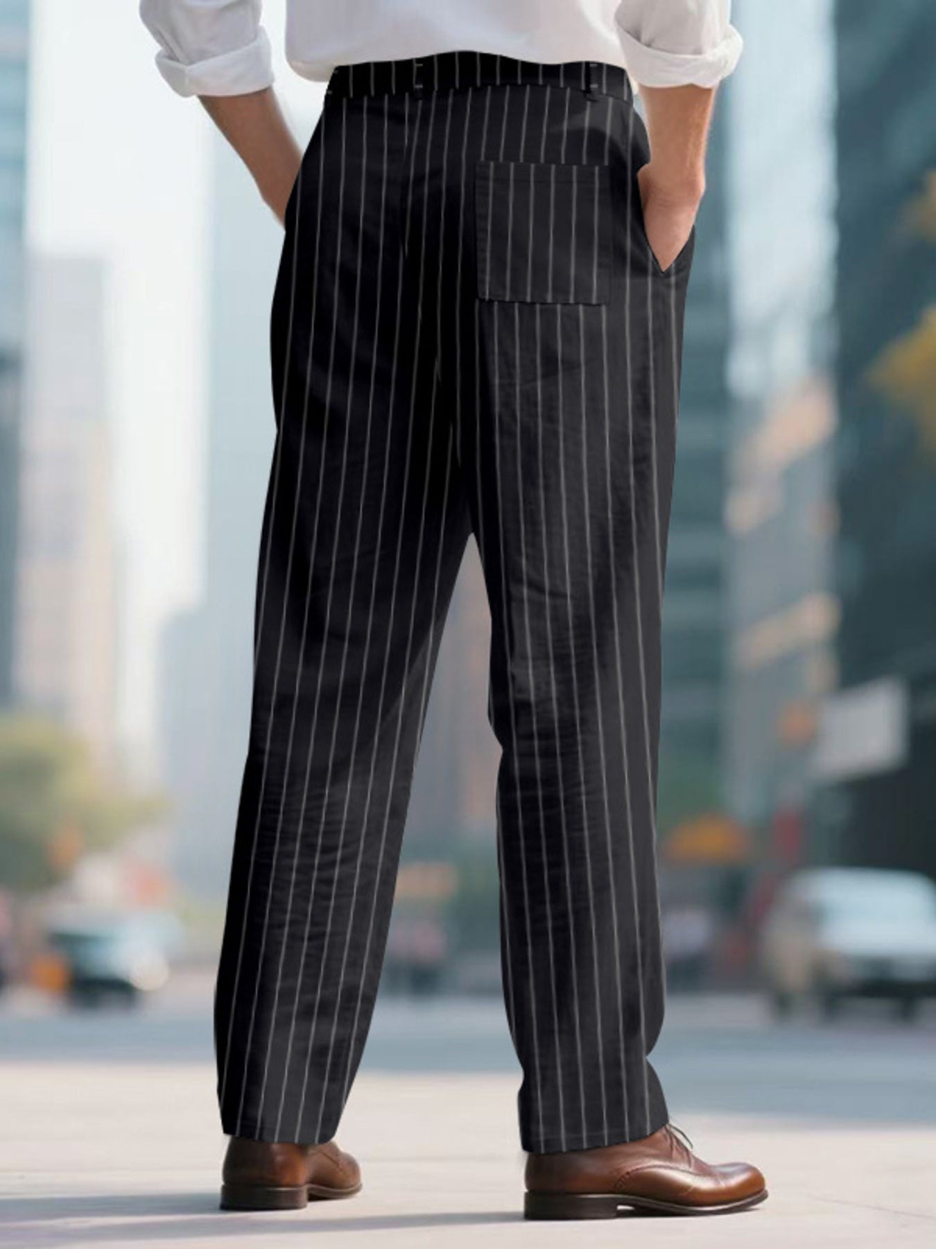 Black pinstripe wide-leg sweatpants with a back pocket detail.
