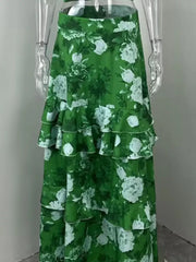 Green floral two-piece set with tiered ruffled skirt.