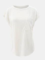 White relaxed fit t-shirt with cap sleeves and a chest pocket.