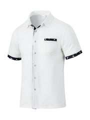 White waffle textured button-up shirt with star print trim on collar, pocket and sleeves.