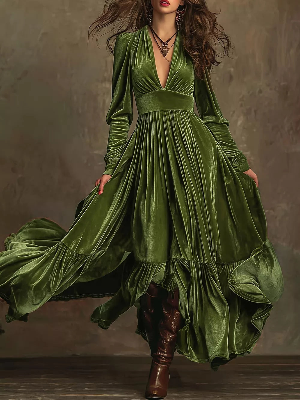 Dark green velvet maxi dress with voluminous sleeves, deep V-neck, and ruffled hem.