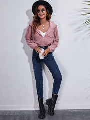 Cropped blush pink corduroy hooded jacket with zipper and chest pockets