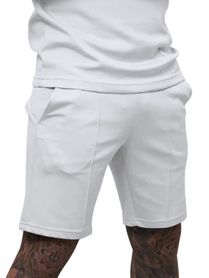 Men's white chino shorts with adjustable drawstring and side pockets.