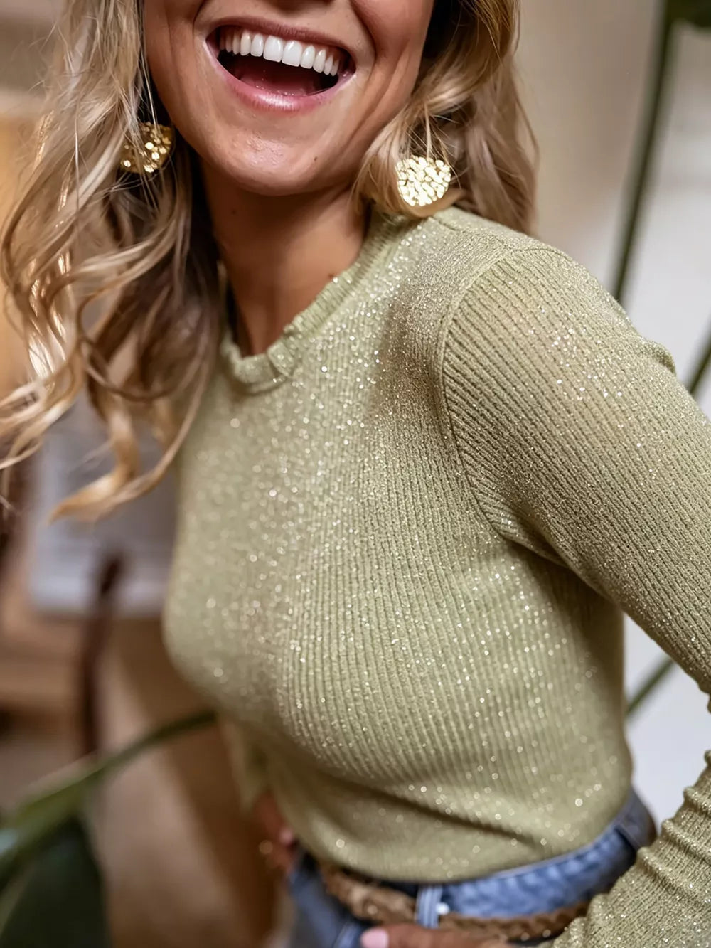 Sculpted Ribbed Knit Top With Ruffled Neckline