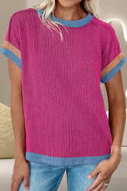 Ribbed cerise tee with colorblock trim on neckline, sleeves, and hem.