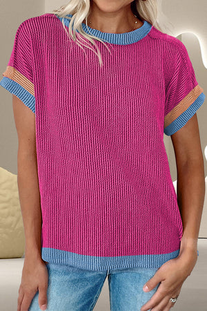 Ribbed cerise tee with colorblock trim on neckline, sleeves, and hem.
