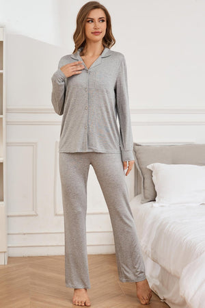 Gray button-down pajama set with long sleeves and pocket.