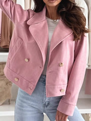 Chic Double-breasted Cropped Jacket in Dusty Pink, editorial view