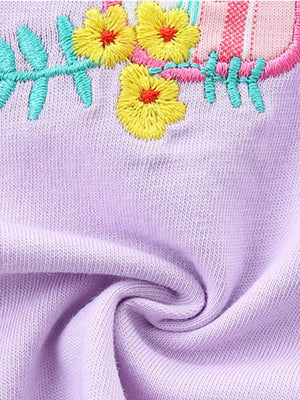 Girls' bikini in lavender cotton with embroidered yellow flowers and green leaves.