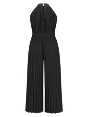 Black halter neck pleated palazzo jumpsuit with belted waist