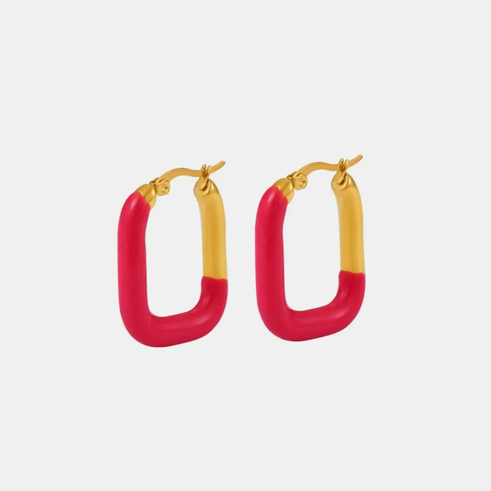 Hot pink and gold two-tone enamel rectangle hoop earrings