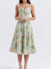 Sage floral midi dress with side slit and sweetheart neckline.