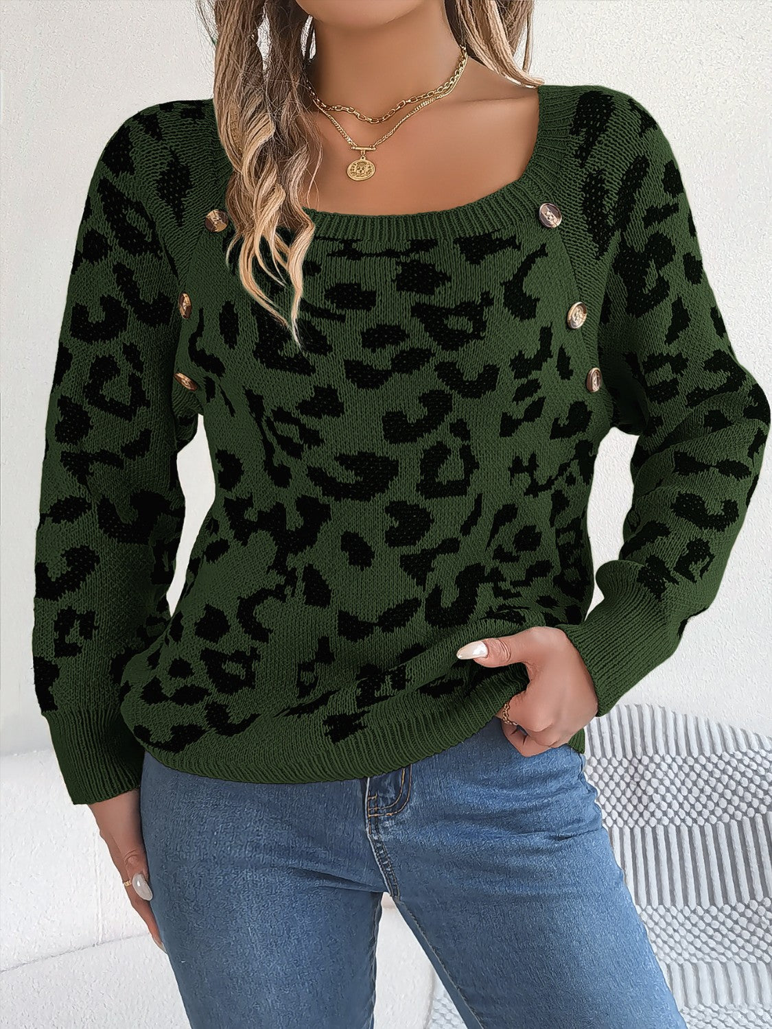 Army green acrylic sweater with black leopard print and button detail